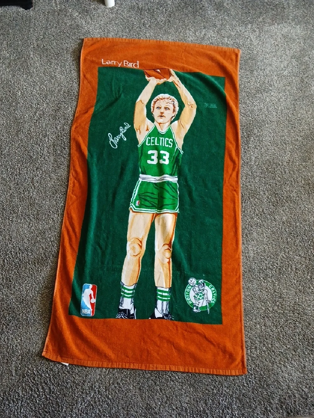 Vintage Larry Bird Celtics Graphic Beach Towel - Green & Orange